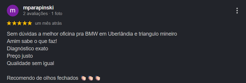 Avaliação 5 estrelas de mparapinski no Google, chamando a Forza Motors de melhor oficina pra BMW em Uberlândia e triângulo mineiro, com diagnóstico exato e preço justo